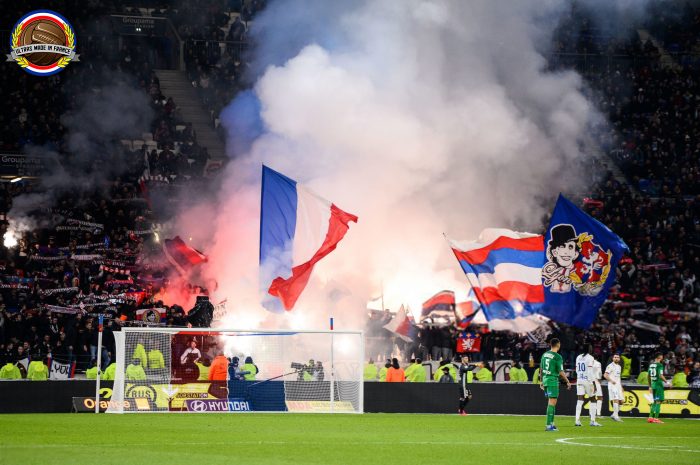 Fans of Lyon light up some flares during the French Ligue 1 Soccer match between Lyon and Saint-Etienne at Groupama Stadium on March 1, 2020 in Lyon, France. (Photo by Baptiste Fernandez/Icon Sport via Getty Images)